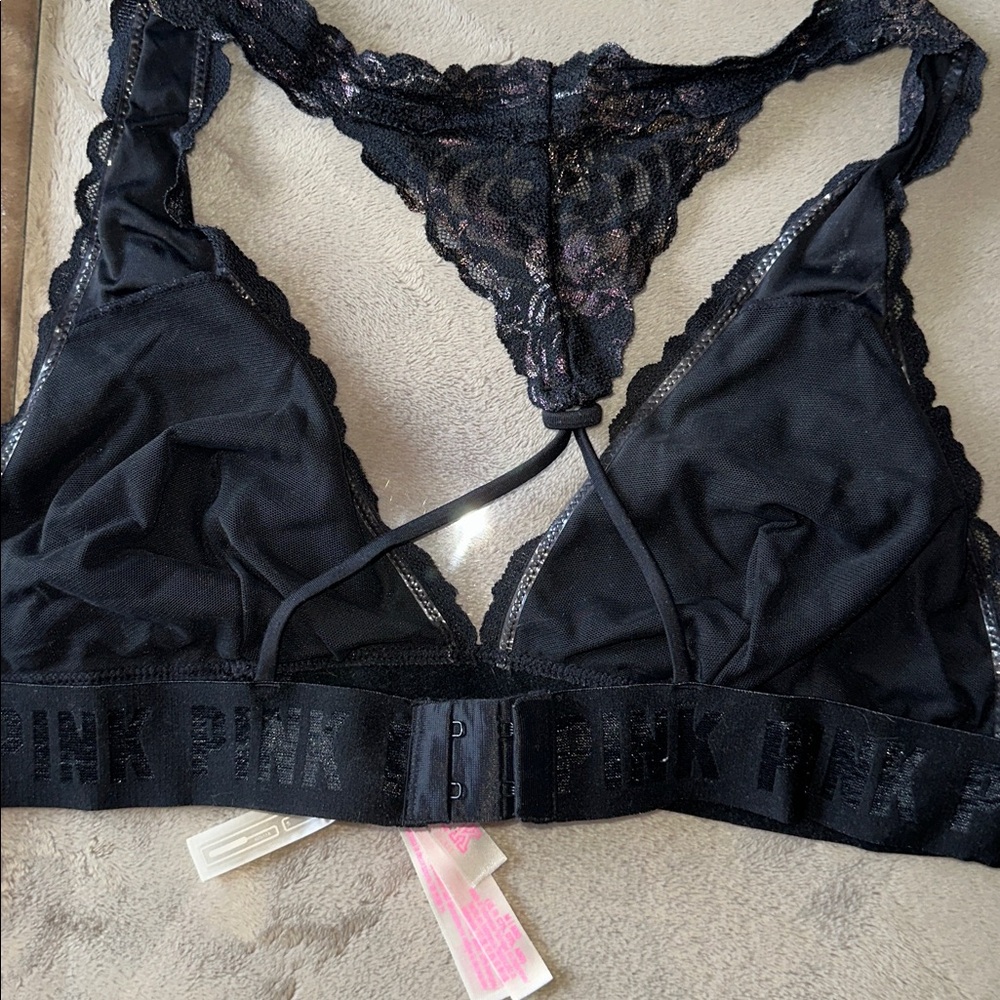 PINK Victoria's Secret Black Lace Bralette with Shimmer Rose Foil Accents - Picture 3 of 3